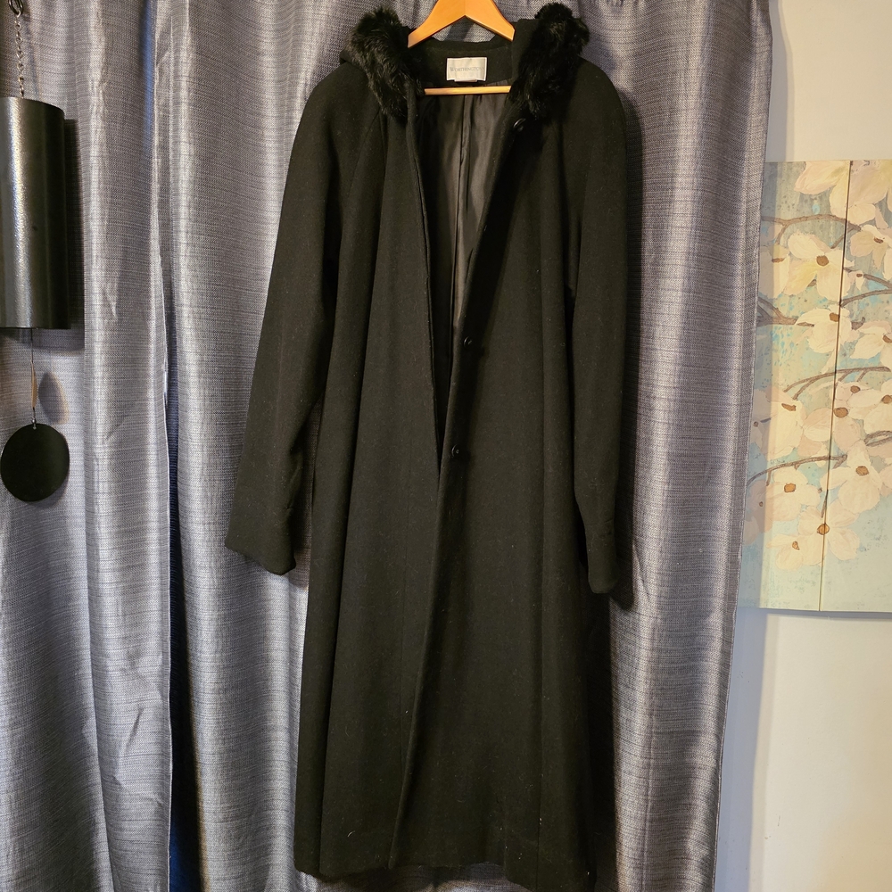 Worthington Black Wool Dress Coat With Rabbit Fur Trimmed Hood